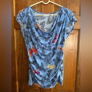 New York & Company Women’s Stretch Sleeveless Top Size S Draped Blue Butterflies